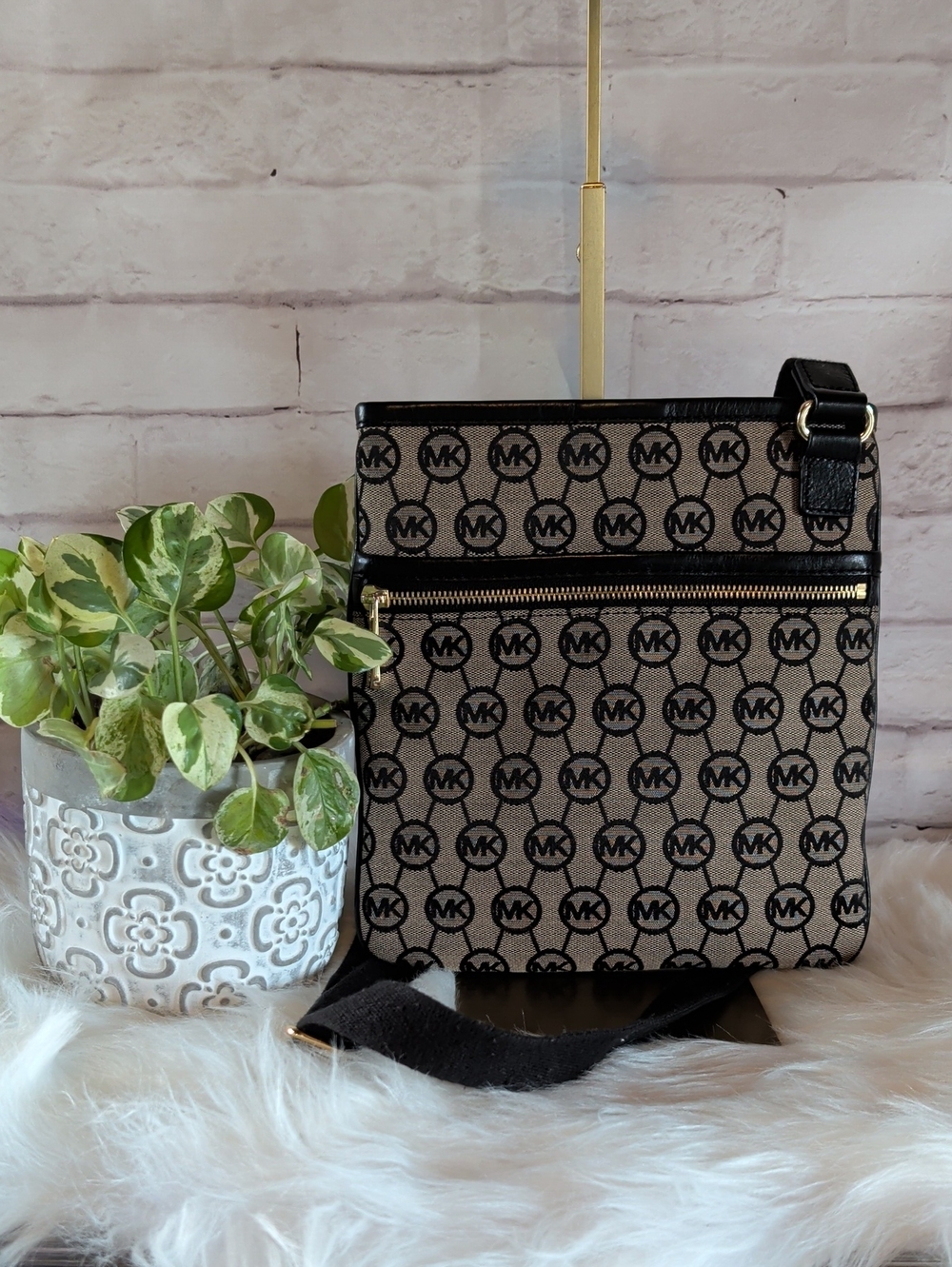Michael Kors Black and Beige MK Logo Crossbody Pouch